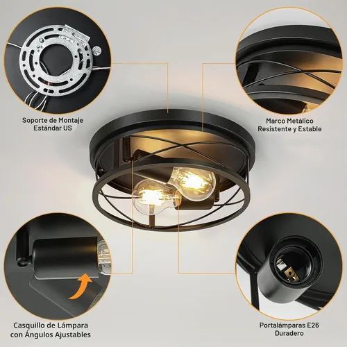 Vista 5 de Luces de granja, lámpara de techo industrial negra de montaje empotrado, lámpara de techo para pasillo, dormitorio, cocina, entrada, 2 luces