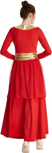 Vista 6 de MYRISAM Mujeres Alabanza Bata de Baile Culto Litúrgico Cintura Metálico Vestido de Manga Larga Falda de Gasa Traje Lírico