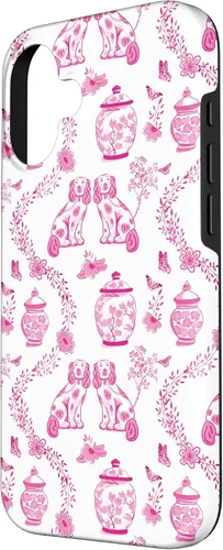 Vista 2 de Preppy - Carcasa para iPhone 16, diseño de perros y tarros de jengibre, color rosa y blanco