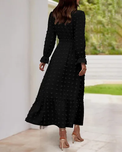 Vista 5 de BTFBM Vestidos de otoño 2023 para mujer, manga larga, cuello en V, lunares suizos, vestido largo bohemio, vestido largo de cintura alta, vestido