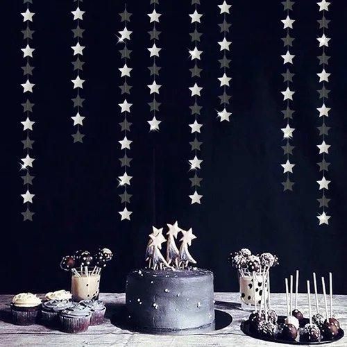 Vista 4 de Guirnalda de decoración de cumpleaños y graduación en negro y plata - 18.9 metros de serpentinas brillantes con purpurina y estrellas colgantes