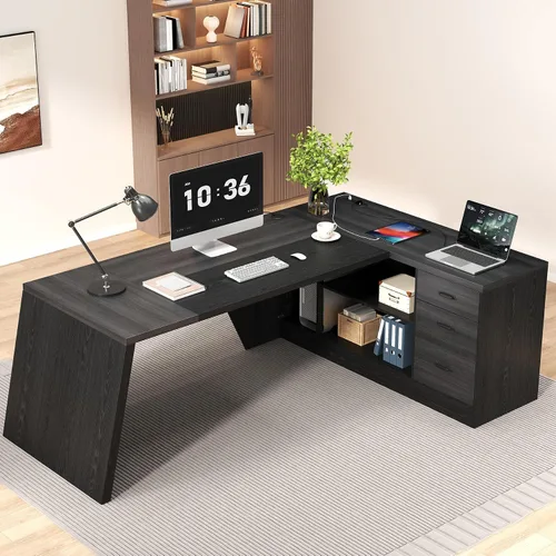 Vista 3 de Epecoya Escritorio ejecutivo en forma de L de 78 pulgadas, escritorio grande y moderno para oficina en casa con cajón y gestión de sujeción