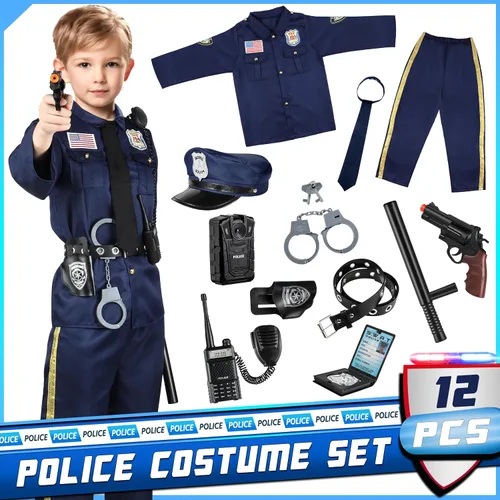 Vista 2 de Joycover Disfraz de oficial de policía para niños, disfraz de policía de lujo para niños con accesorios, disfraces de Halloween para niños y niñas