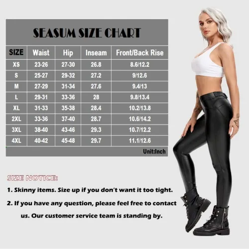 Vista 6 de SEASUM Leggings de piel sintética para mujer elásticos de cintura alta levantamiento de glúteos color negro pantalones de piel sintética sexy