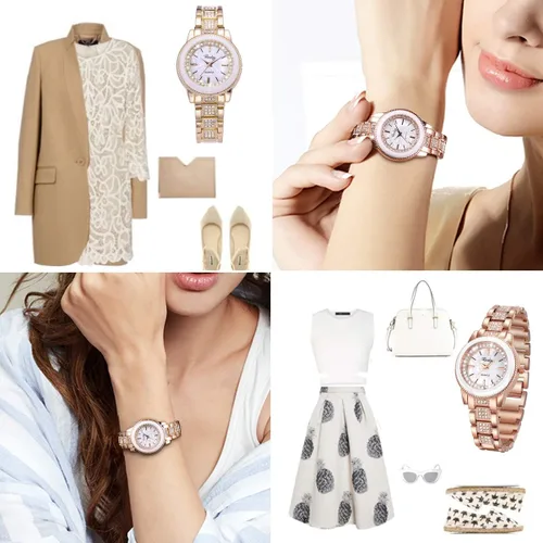Vista 4 de SIOBSUN - Reloj de pulsera para mujer, de acero inoxidable, cristal de cuarzo, para mujer, pulsera brillante, 3 oro rosa