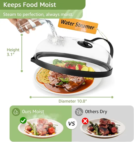 Vista 3 de Cubierta contra salpicaduras de microondas con vaporizador de agua para alimentos, protector de salpicaduras de microondas de vapor de 10 pulgadas