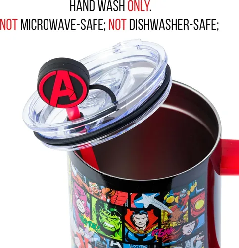 Vista 4 de Silver Buffalo Marvel Avengers - Vaso de acero inoxidable con asa, popote y tapa de pajilla, diseño de Iron Man, Capitán América, Blue Beetle, Thor