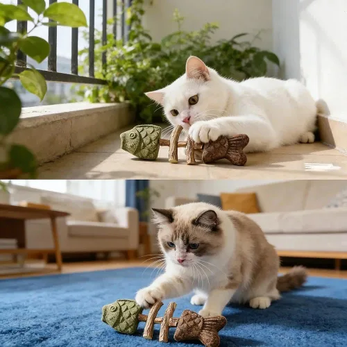 Vista 3 de 3 piezas de juguetes masticables dentales para gatos purridentes para limpieza de dientes y control de bolas de pelo