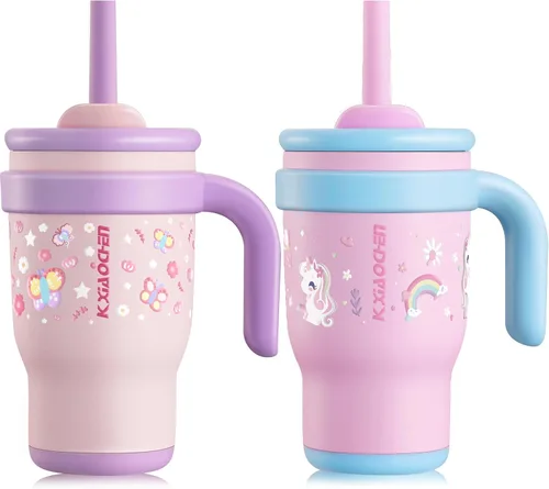 Vista 12 de KXIAOCHEN Vaso para niños de 14 onzas con asa para evitar derrames, vaso aislado reutilizable de acero inoxidable para niños pequeños, mantiene