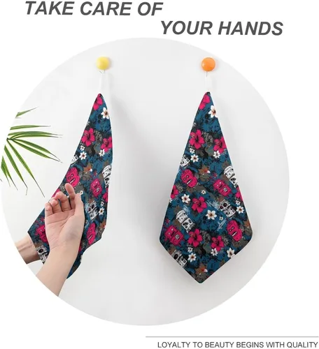 Vista 4 de Tropical Retro Robots Print Hand Towels for Bathroom Kitchen, Cute Hanging Kitchen Towels with Hanging Loop, Decorative Absorbent Coral Bath Hand