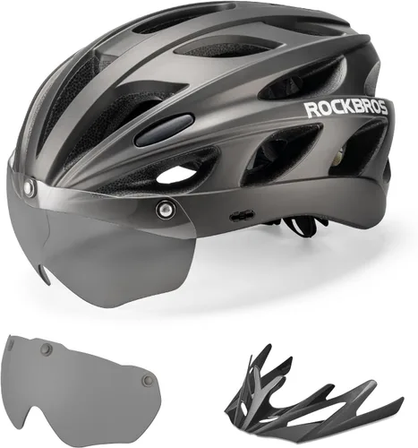 Vista 10 de ROCKBROS - Casco de bicicleta para hombres y mujeres adultos con ajuste sugerido de 58-65cm, gafas magnéticas desmontables y visera solar, ligero