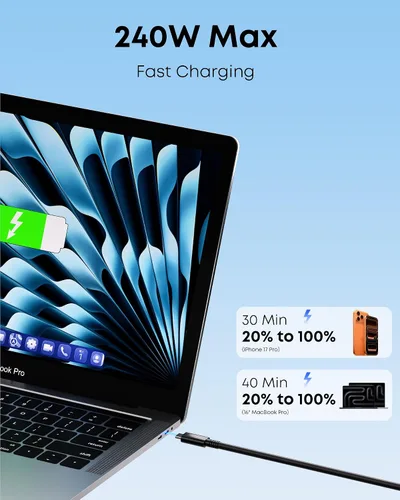 Vista 4 de Cable Thunderbolt 5, cable USB C de 3.3 pies con certificación Intel, carga rápida de 240 W, ancho de banda de hasta 120 Gbps, pantallas de 16 K/8K