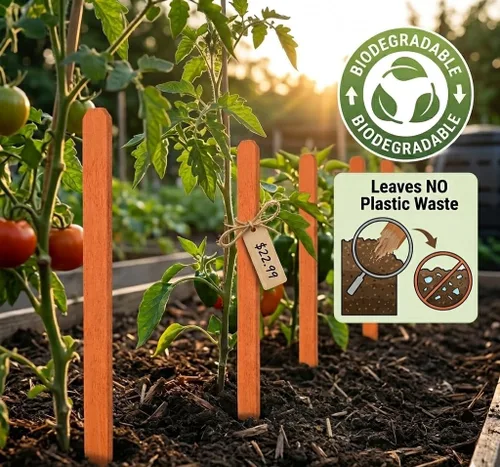Vista 2 de Estacas de jardín de madera naranja – Paquete de 250 marcadores de fila de abedul blanco de 12 pulgadas con revestimiento acuático