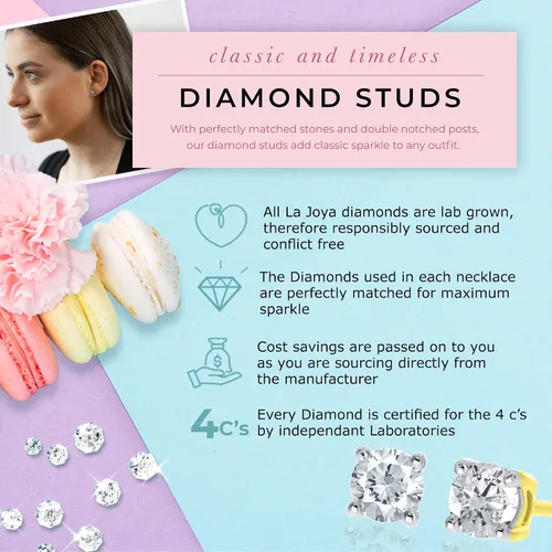 Vista 5 de La Joya 14 - 1 Carat Diamond Stud Earrings Lab Created Diamond Earrings for Women in 14K Solid Gold Dazzling Color and Clarity Diamonds