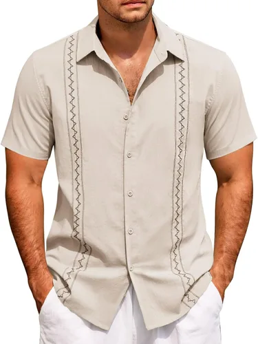 Vista 7 de Camisas de manga corta para hombre, estilo cubano, casual, con botones, para verano, para bolos, holgadas, hawaianas, para vacaciones en la playa