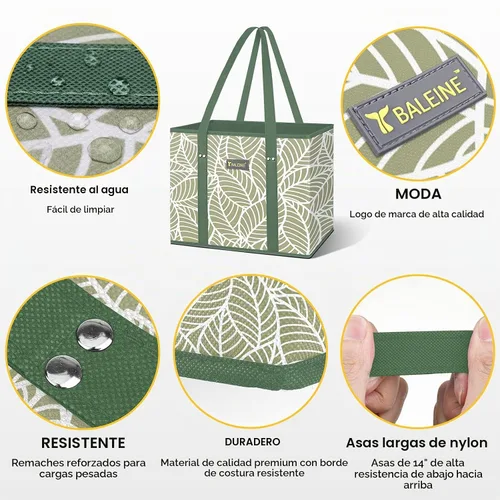 Vista 3 de BALEINE 1 paquete de bolsas reutilizables para comestibles, bolsas de compras plegables para comestibles con parte inferior reforzada y asas Follaje