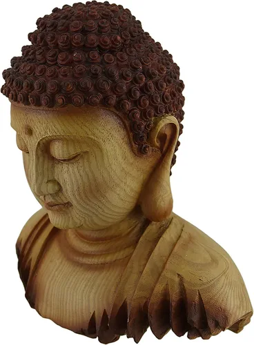 Vista 2 de Zeckos Estatua decorativa de madera tallada de imitación con cabeza de Buda meditadora