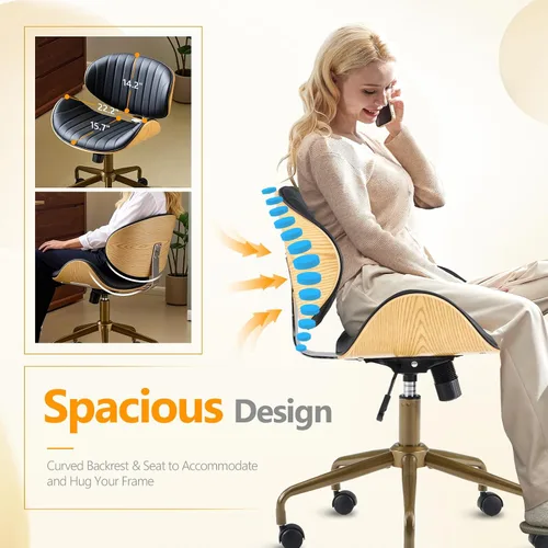 Vista 9 de VINGLI Silla giratoria de oficina en casa amplia y cómoda con carcasa curvada de grano de madera, silla de escritorio ergonómica acolchada sin