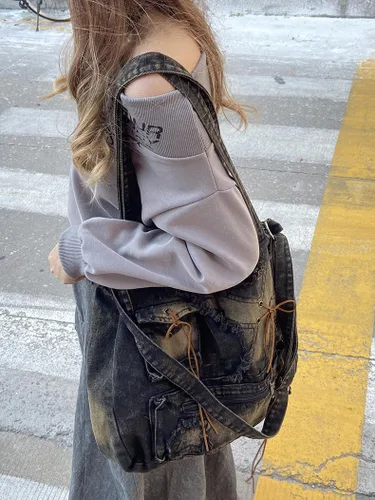 Vista 2 de Bolso de hombro vintage para mujer, bolsos cruzados femeninos grandes, bolso de mano de mezclilla desgastado