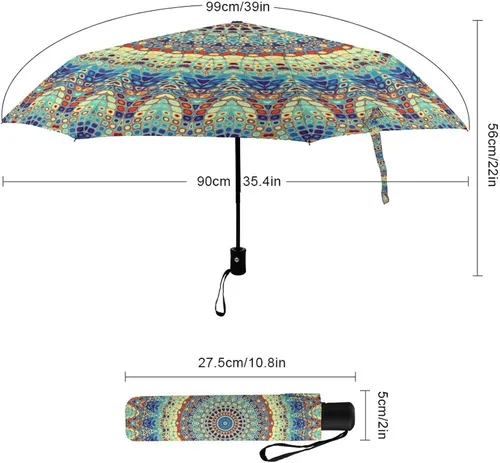 Vista 2 de Vhcawsu Elegante paraguas de mandala, estilo retro, étnico, resistente al viento, paraguas de viaje automático, compacto, plegable, para sol