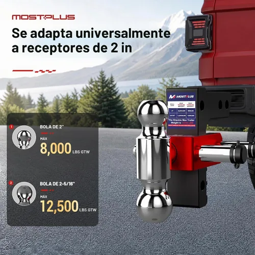 Vista 2 de MOSTPLUS Enganche de remolque de aluminio compatible con receptor de 2 pulgadas, 2 bolas con bolas de 2 pulgadas y 2-5/16 pulgadas, altura ajustable