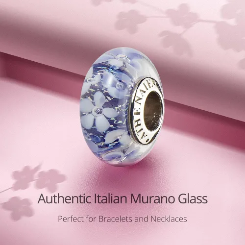 Vista 2 de Athenaie - Abalorio de cristal de Murano 925 con núcleo de plata y flor rosa, color rosa