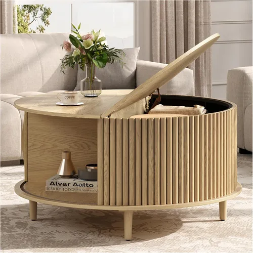 Vista 23 de JOINICE Mesa auxiliar ovalada de 42.5 pulgadas con almacenamiento, moderna mesa central negra con diseño estriado, patas de madera maciza