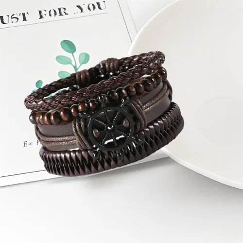 Vista 4 de GORGECRAFT Handmade PU Leather Bracelets Flat Round Braided Cuff Bangle Multi Layers Wood Beads Wrap Bracelet