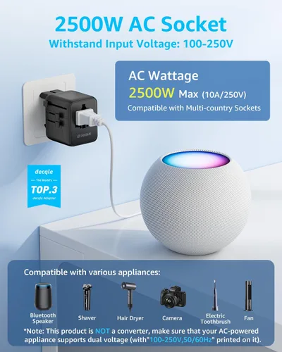 Vista 3 de Adaptador de viaje universal, adaptador de enchufe de viaje internacional con 2 puertos USB-C y 2 puertos USB-A, con toma de corriente AC adicional