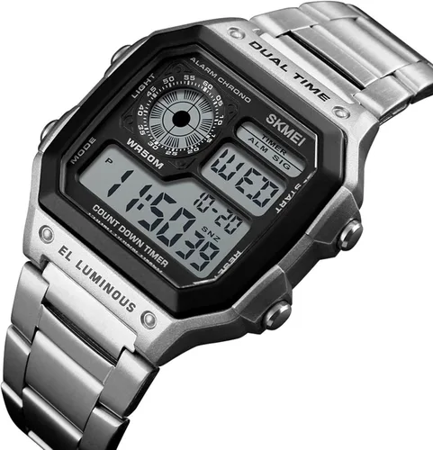 Vista 3 de Moda deportes acero inoxidable LED Digital alarma cronógrafo impermeable multifunción hombres reloj de cuarzo