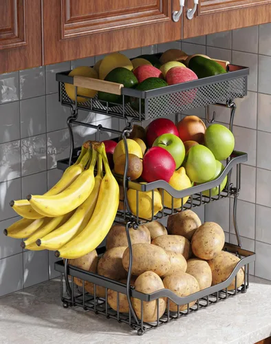 Vista 11 de OKZEST Cesta de frutas de 3 niveles para encimera de cocina, frutero colgante de pared y organizador de encimera de cocina con 2 ganchos de plátano