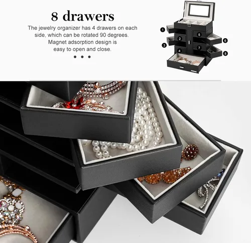 Vista 7 de Homde Paquete de caja de joyería negra una enorme caja de joyería + una caja de joyería negra con 10 cajones