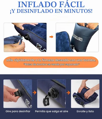 Vista 6 de Colchoneta inflable para acampar, colchón portátil de aire individual, color azul