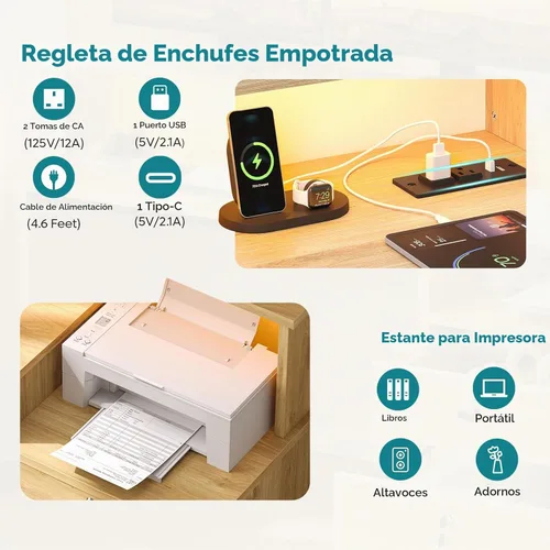 Vista 6 de Bestier Escritorio para computadora de 55 pulgadas con tomas de corriente y Roble natural