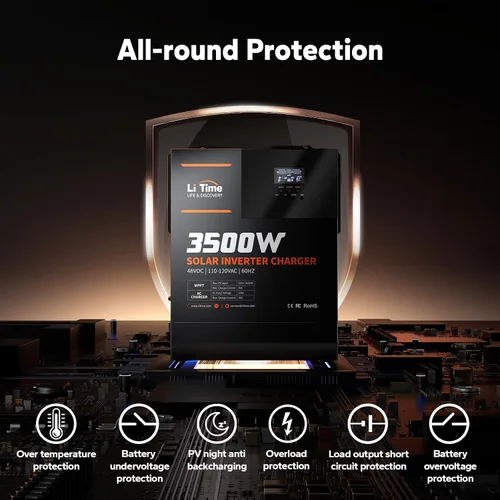 Vista 3 de LiTime Inversor híbrido solar de 3500 W, cargador de inversor solar todo en uno de 48 V CC a 120 V CA, controlador de carga MPPT integrado de 80 A