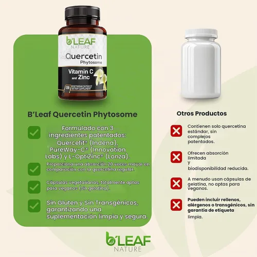 Vista 5 de B'LEAF NATURE Fitosoma de quercetina, 120 cápsulas – 1000 mg de quercetina de alta absorción con vitamina C y zinc – Suplemento de quercetina