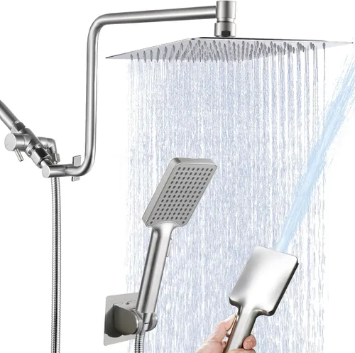 Vista 8 de Cabezal de ducha de 8 pulgadas para California con combo de mano, brazo de extensión de 12 pulgadas de altura ajustable, cabezal de ducha de acero