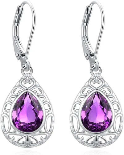 Vista 219 de Aretes colgantes de plata de ley con diseño de árbol de la vida, flor, abeja, animales, gato, colibrí, piedra lunar, turquesa, aretes con cierre