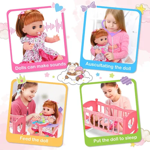Vista 3 de Juego de juguetes para muñecas de bebé, juguetes de muñeca de 14", juego de juguetes para el cuidado de las muñecas de 25 piezas, juego de muñecas