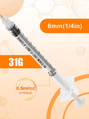 Vista 32 de Jeringas de 0.0 fl oz 29G 1/2" 0.512 in U-100 Jeringa de laboratorio desechable con tapa, paquete de 20 Calibre 29 de 1/2 pulgada, diseño a prueba