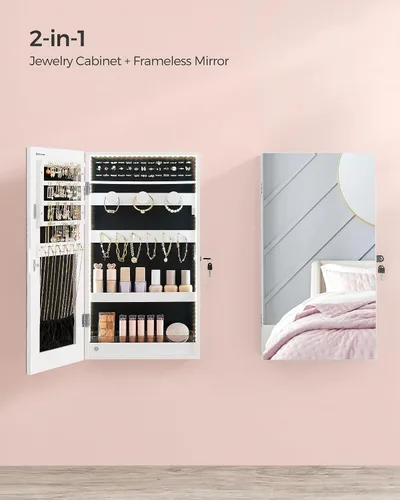 Vista 3 de SONGMICS Armario de joyería con espejo con luces LED integradas, organizador de almacenamiento de joyas montado en la pared o en la puerta, 3.8 x