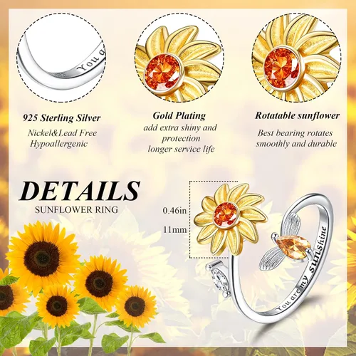 Vista 2 de PATISORNA Anillos giratorios de plata de ley 925 con girasol para mujeres y niñas anillo de ansiedad You are My Sunshine para aliviar el estrés