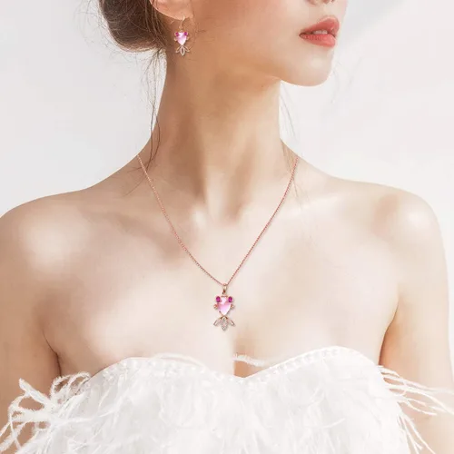 Vista 2 de Uloveido DN236 - Collar con colgante de pez dorado rosa con piedra de jade rosa de imitación