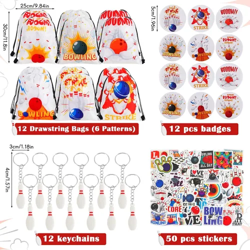 Vista 3 de Sweetude 140 piezas de recuerdos de fiesta de cumpleaños de bolos para niños, decoración de fiesta de bolos, bolsa de llavero, bolígrafo