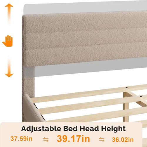 Vista 3 de VINGLI Base de cama individual para niños, cama de plataforma tapizada Boucle con cabecera ajustable, soporte de listones de madera resistente, cama