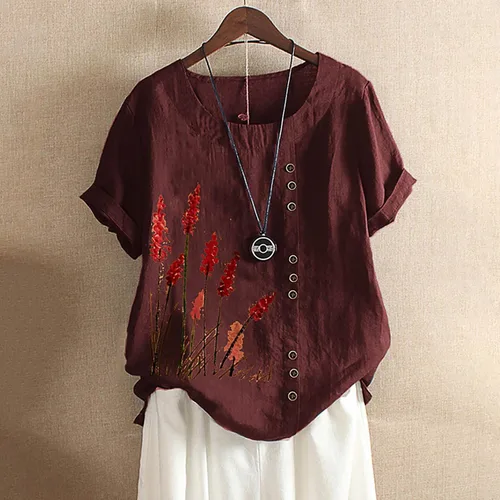 Vista 2 de Ceboyel Camisas de lino de algodón para mujer, blusas con estampado de diente de león, blusas de manga corta, estilo bohemio, ajuste holgado, ropa