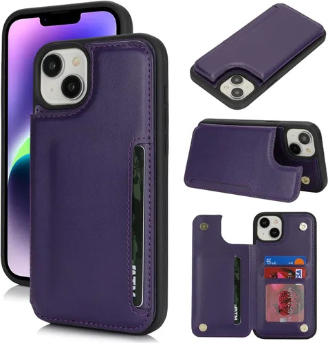 Vista 18 de iCoverCase Funda protectora de piel sintética compatible con iPhone 14 Plus con tarjetero, para mujeres y hombres, bloqueo RFID, funda protectora