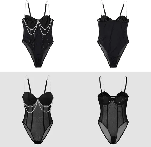 Vista 6 de Body de malla transparente sin mangas para mujer, sin mangas, espalda descubierta, estilo bustier