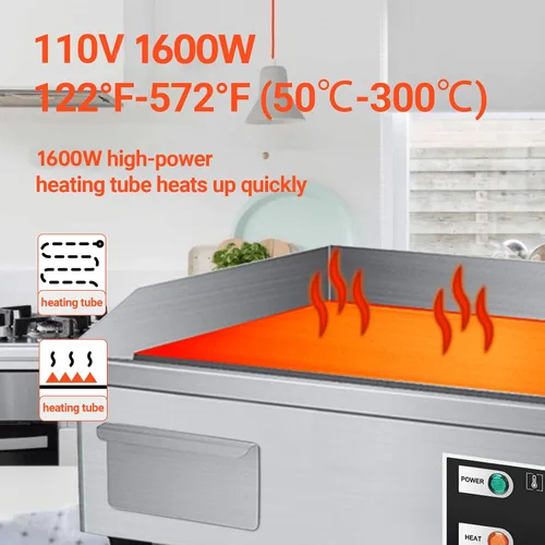 Vista 8 de Plancha Eléctrica de Encimera de 22" 1600W 110V Antiadherente Comercial para Restaurante Teppanyaki con Control de Temperatura Ajustable de Acero