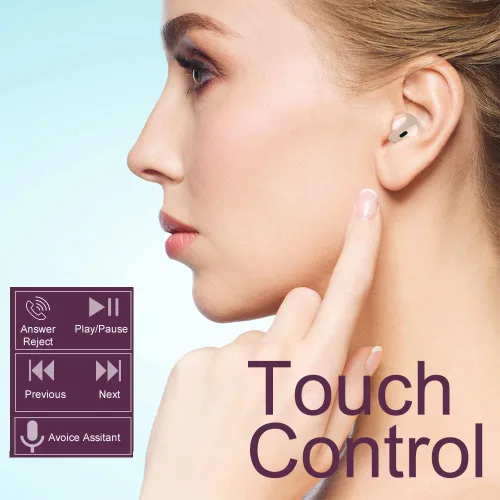 Vista 6 de Mini auriculares inalámbricos Bluetooth con micrófono, auriculares Bluetooth invisibles para mujeres y orejas pequeñas con control táctil, IPX5 Beige